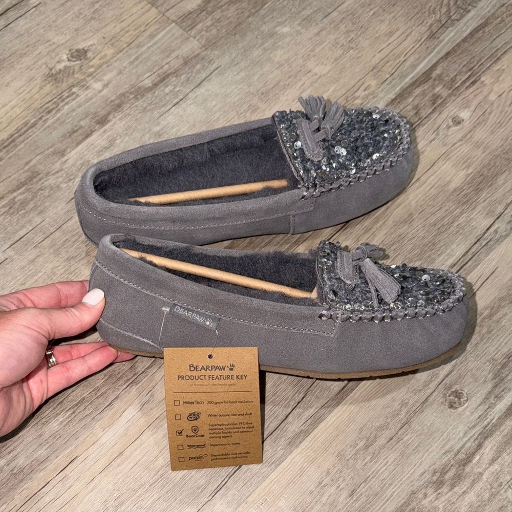 BearPaw Gray Sequin Tassel Moccasins with Plush Lining